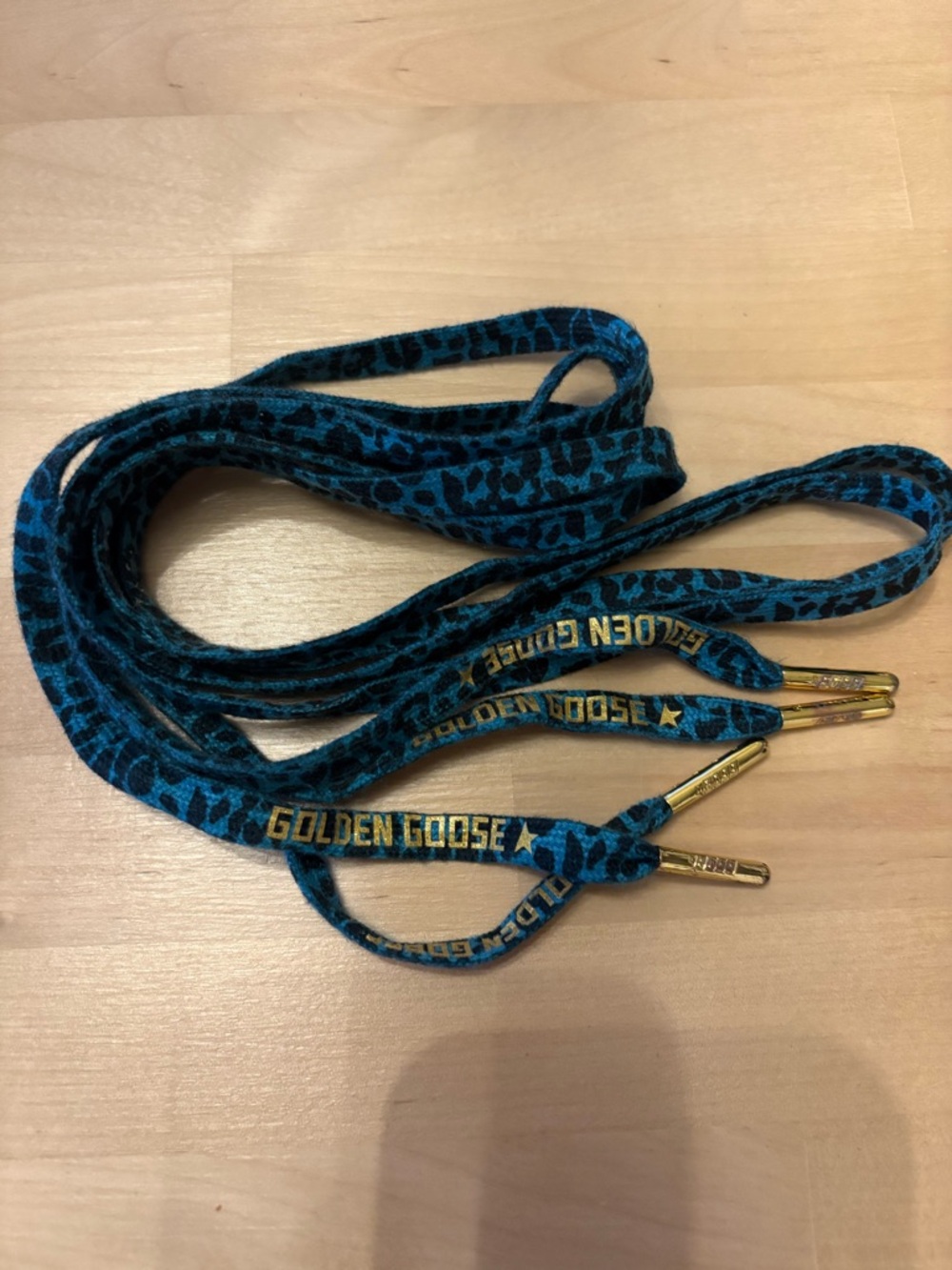 Golden Goose Teal Leopard Print Shoelaces with Gold Tips